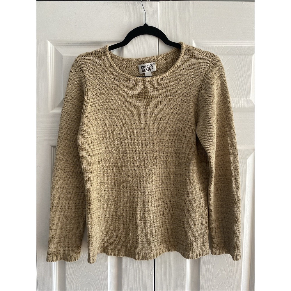 Chico's Design Silk Blend Knit Sweater Womens Size L 2 Tan‎ Beige Vtg Crewneck